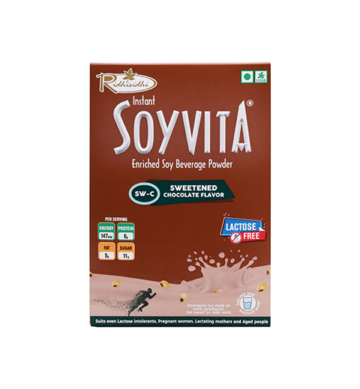 SOYVITA - SWEETENED CHOCOLATE | LACTOSE FREE | ENRICHED SOY BEVERAGE POWDER | Serves-6 (200 Gms) | FRONT SIDE VIEW
