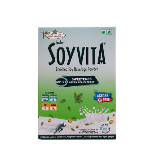 SOYVITA - SWEETENED GREEN TEA EXTRACT | LACTOSE FREE | ENRICHED SOY BEVERAGE POWDER | Serves-6 (200 Gms) | FRONT SIDE VIEW