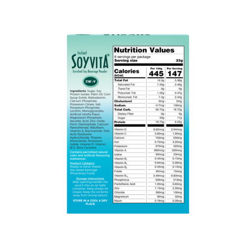 SOYVITA - SWEETENED VANILLA | LACTOSE FREE | ENRICHED SOY BEVERAGE POWDER | Serves-6 (200 Gms) | BACK SIDE VIEW