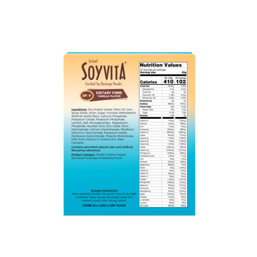 SOYVITA - DIETARY FIBRE VANILLA | LACTOSE FREE | ENRICHED SOY BEVERAGE POWDER | Serves-20 (500 Gms) | BACK SIDE VIEW