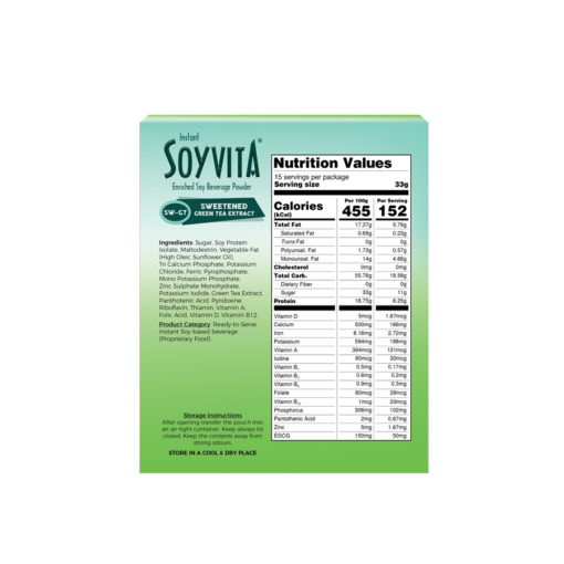SOYVITA - SWEETENED  GREEN TEA EXTRACT | LACTOSE FREE | ENRICHED SOY BEVERAGE POWDER | Serves-15 (500 Gms) | BACK SIDE VIEW